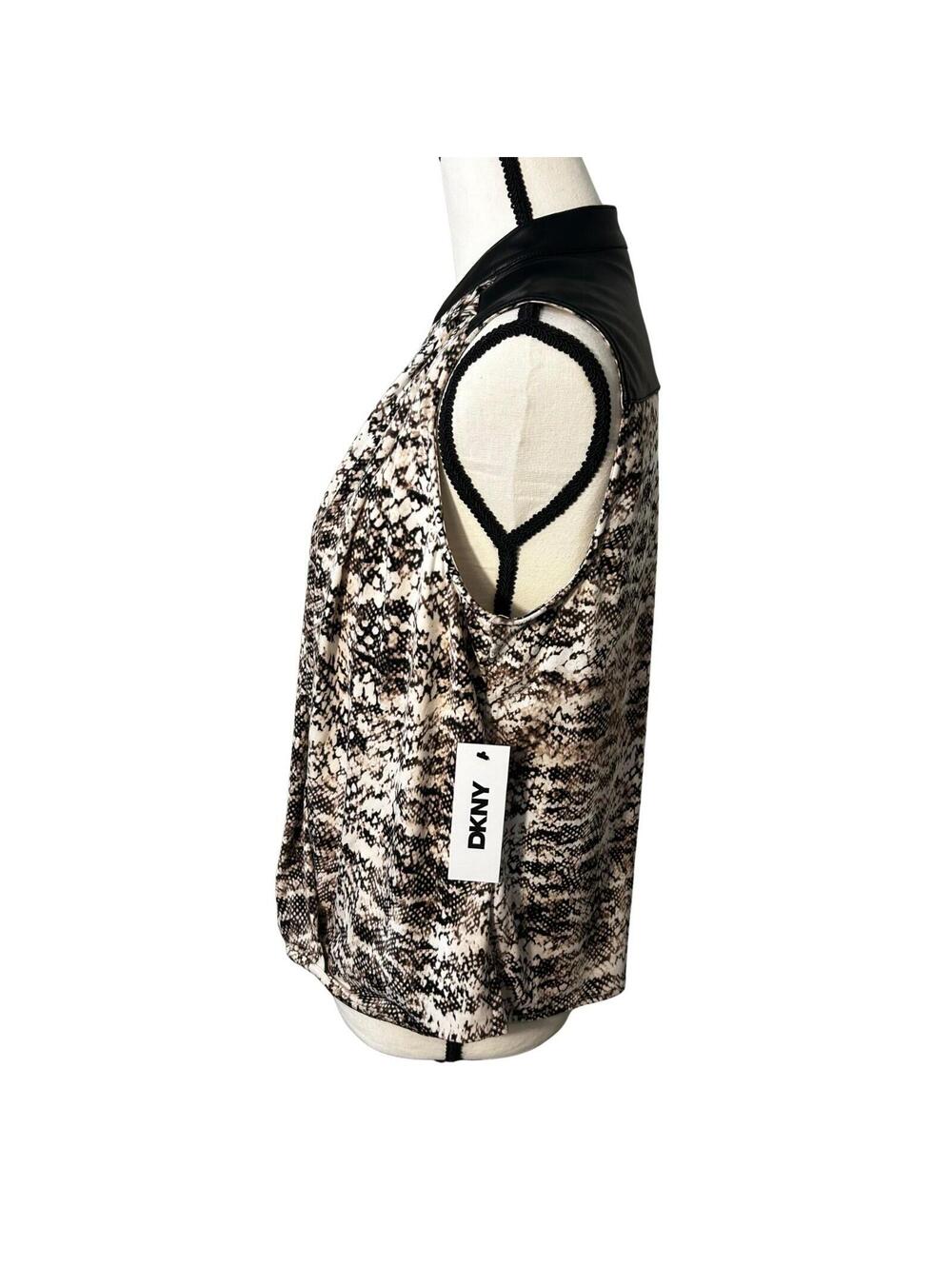 DKNY Sleeveless Snake Print Top with Faux Leather Yoke